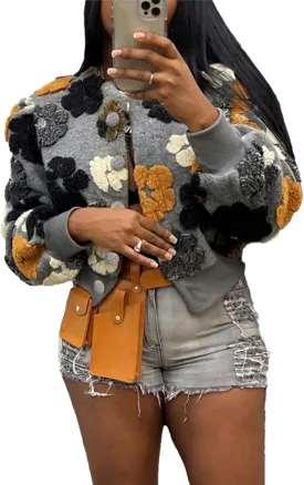 Aimiray Women's Cropped Floral Print Jacket Long Sleeve Fleece Warm Bomber Jacket Lightweight Button Varsity Coats