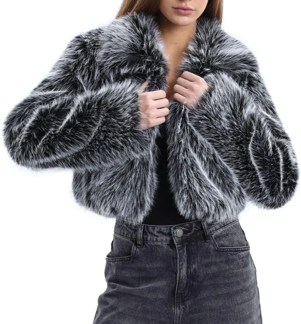 Amazhiyu Women's Faux Fur Cropped Coat Winter Open-front Long Sleeve Jackets Warm