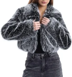 Amazhiyu Women's Faux Fur Cropped Coat Winter Open-front Long Sleeve Jackets Warm
