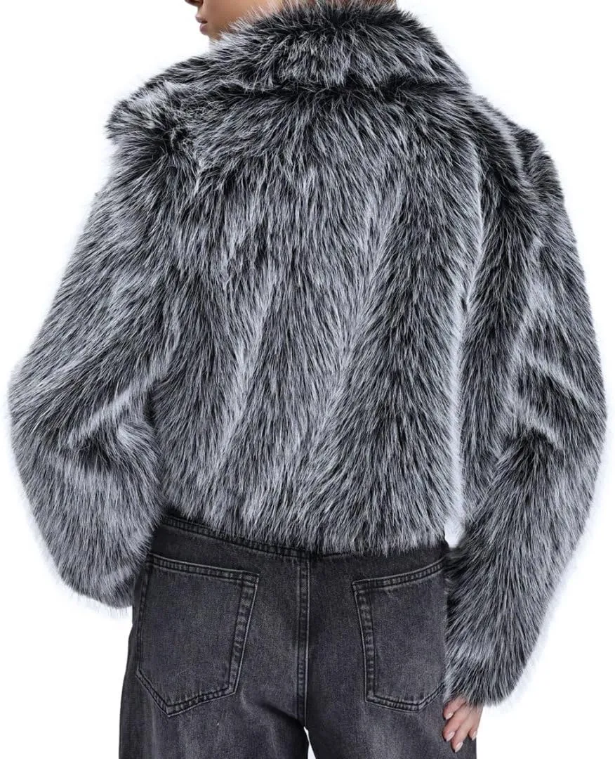 Amazhiyu Women's Faux Fur Cropped Coat Winter Open-front Long Sleeve Jackets Warm