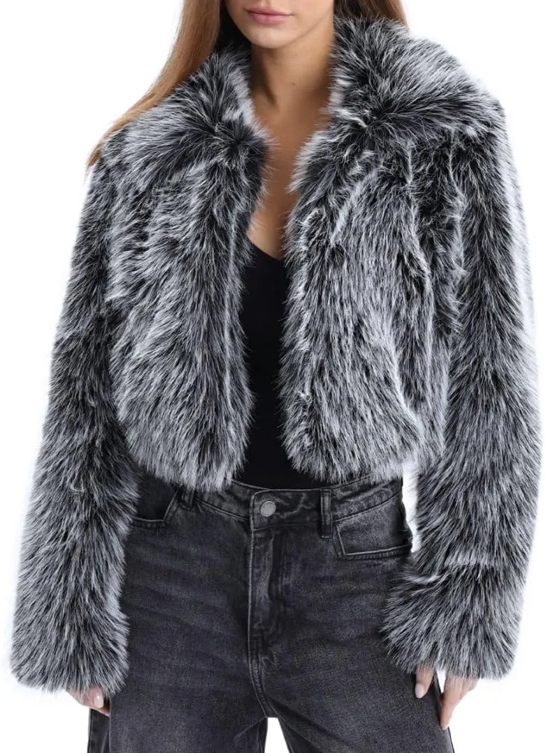 Amazhiyu Women's Faux Fur Cropped Coat Winter Open-front Long Sleeve Jackets Warm