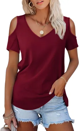 Amoretu Women's Short Sleeve Shirts Cold Shoulder Tops V Neck Blouse Tunic Shirts