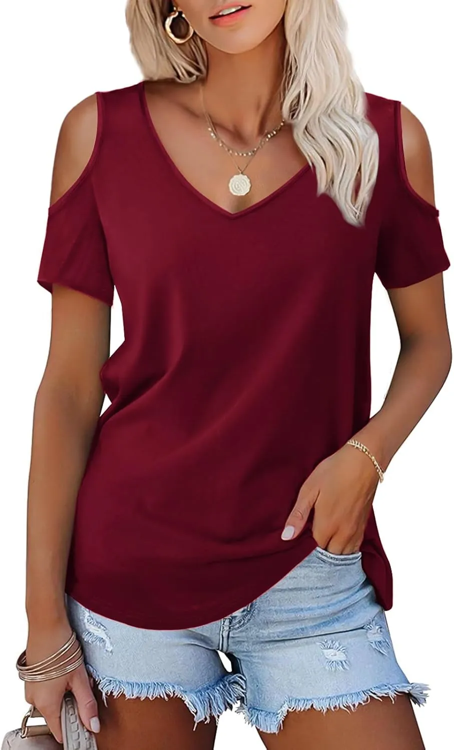 Amoretu Women's Short Sleeve Shirts Cold Shoulder Tops V Neck Blouse Tunic Shirts