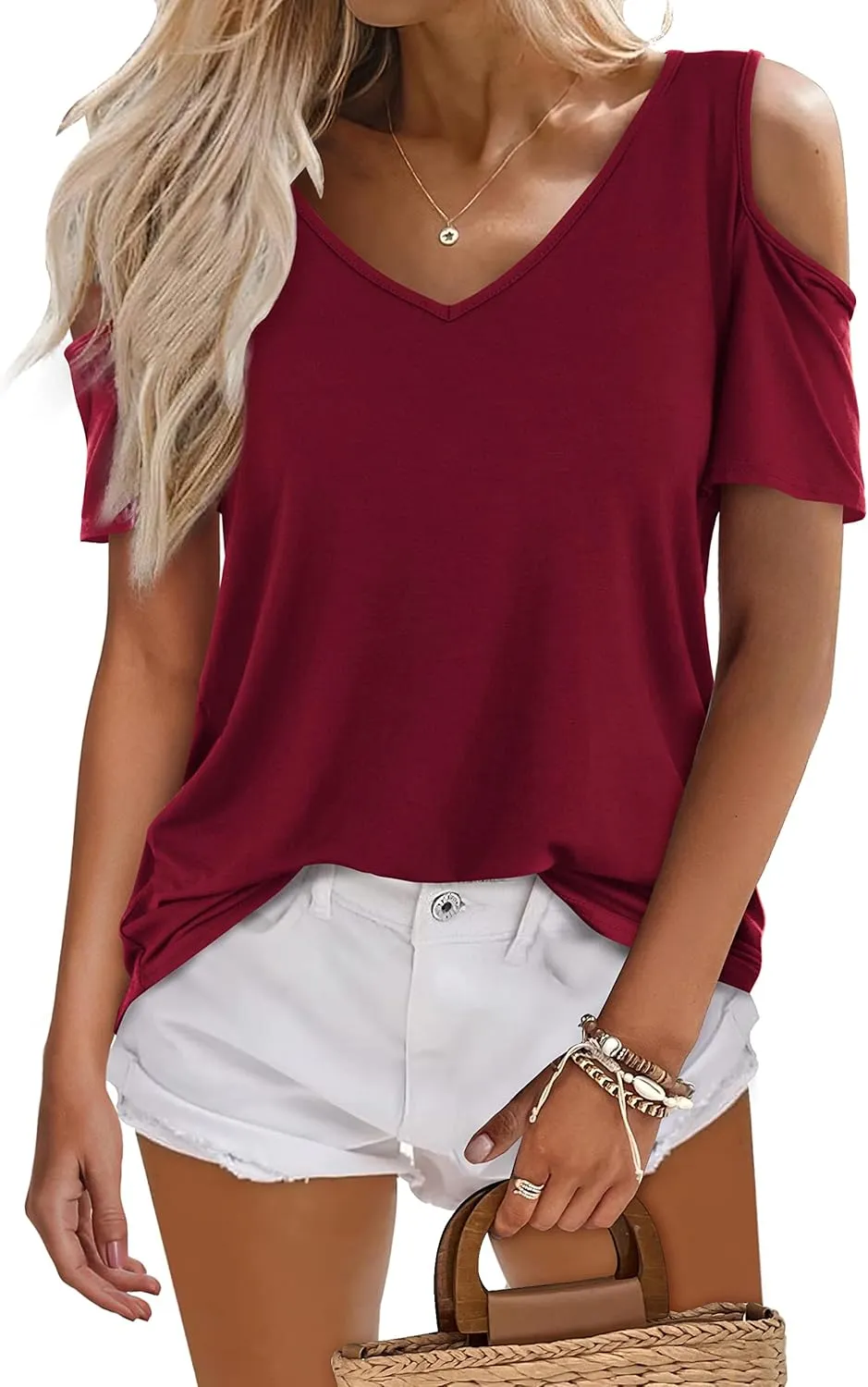 Amoretu Women's Short Sleeve Shirts Cold Shoulder Tops V Neck Blouse Tunic Shirts
