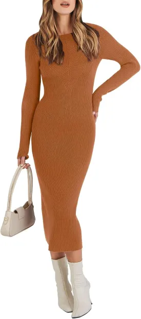 ANRABESS Women Long Sleeve Crewneck Sweater Dress Ribbed Knit Stretch Slim Fit Bodycon Midi Dresses Fall Fashion Outfits