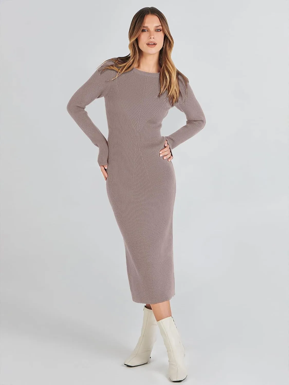 ANRABESS Women Long Sleeve Crewneck Sweater Dress Ribbed Knit Stretch Slim Fit Bodycon Midi Dresses Fall Fashion Outfits