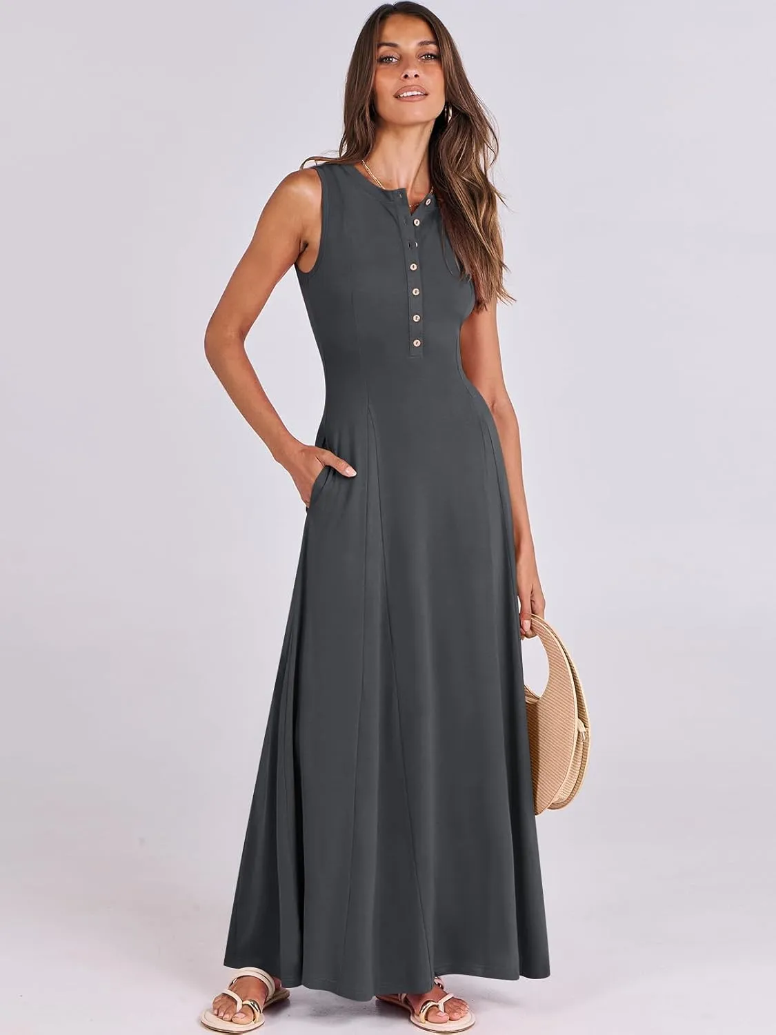 ANRABESS Women Summer Casual Sleeveless Maxi Sundress Button Fit & Flare A-Line Flowy Long Dresses 2025 Beach Outfits