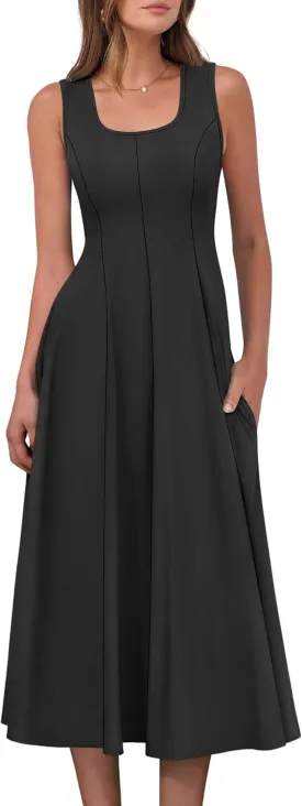 ANRABESS Womens Summer Casual Sleeveless Midi Dresses Scoop Neck Fit & Flare A-Line Flowy Long Sundress Beach Outfits