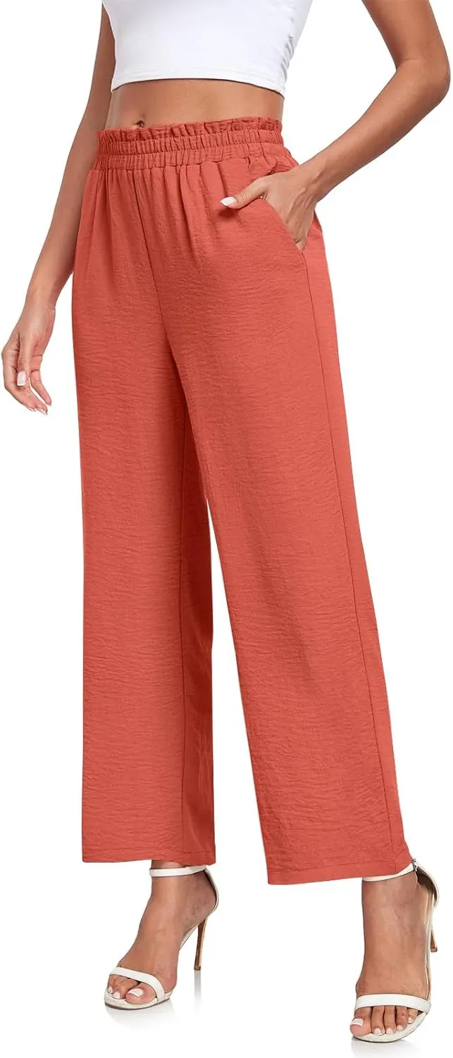 Anydeer Women Pants Loose Wide Leg Trousers Straight Casual Dressy Palazzo Ruffle High Waist Slacks with Pockets