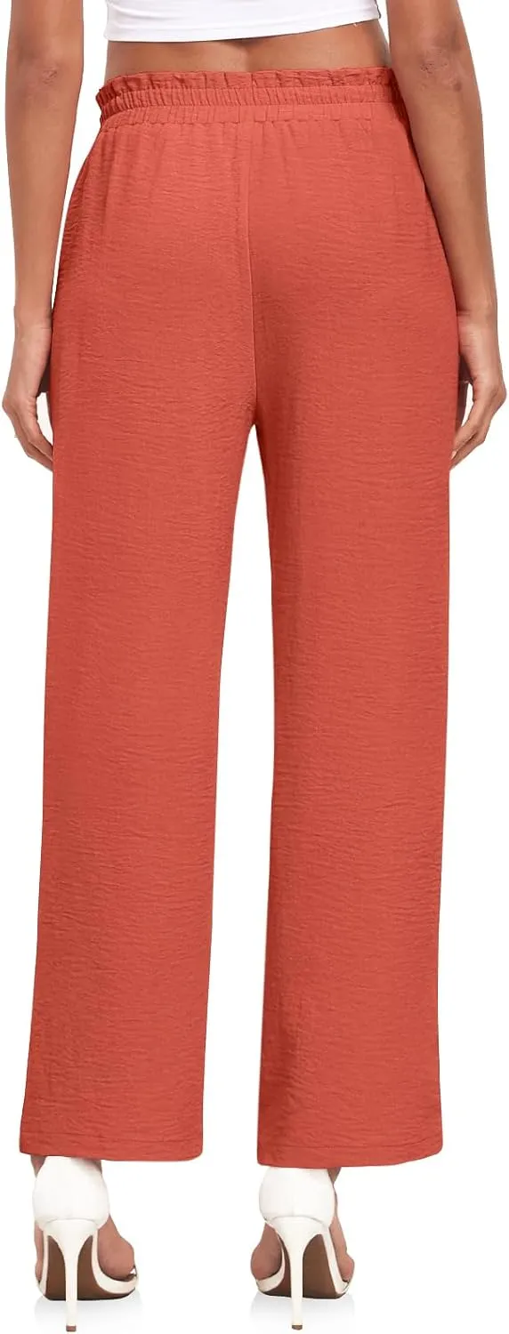 Anydeer Women Pants Loose Wide Leg Trousers Straight Casual Dressy Palazzo Ruffle High Waist Slacks with Pockets