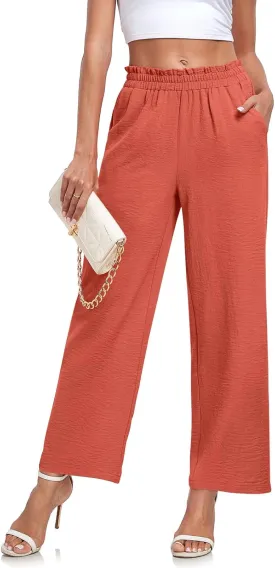 Anydeer Women Pants Loose Wide Leg Trousers Straight Casual Dressy Palazzo Ruffle High Waist Slacks with Pockets