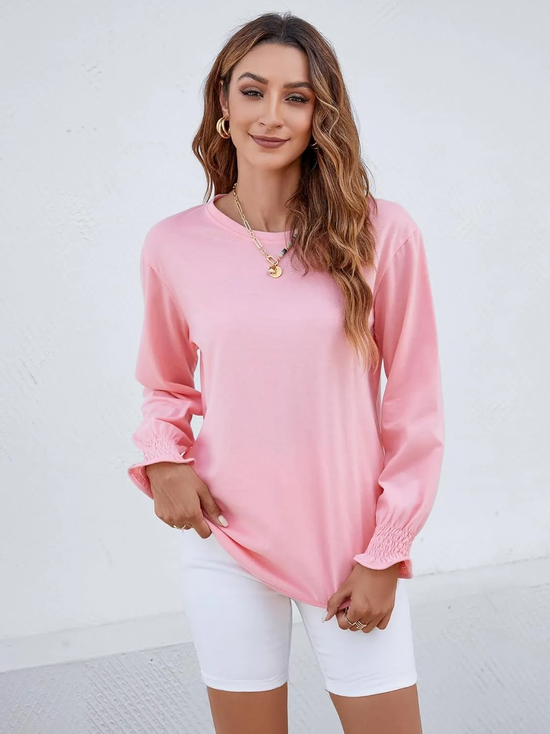 Atnlewhi Womens Puff Long Sleeve T Shirts Casual Crew Neck Basic Pullover Tee Tops Blouses