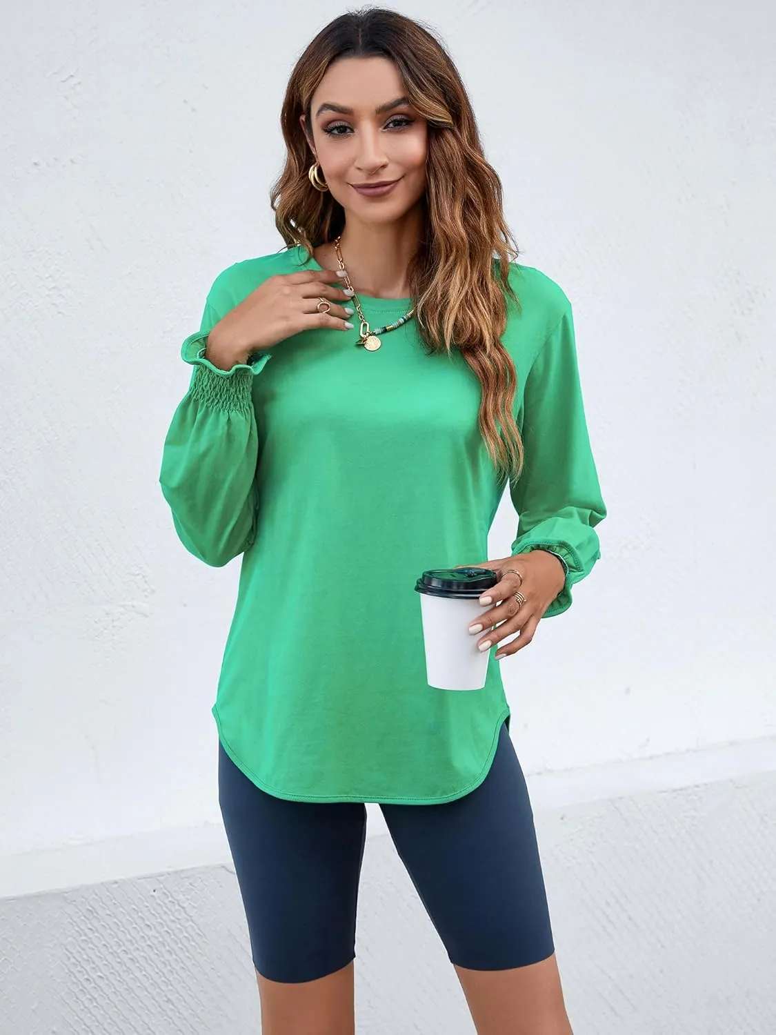 Atnlewhi Womens Puff Long Sleeve T Shirts Casual Crew Neck Basic Pullover Tee Tops Blouses