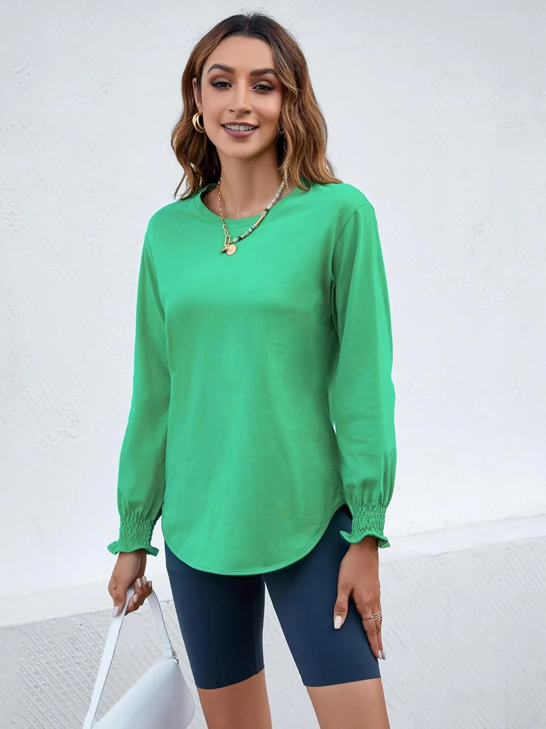 Atnlewhi Womens Puff Long Sleeve T Shirts Casual Crew Neck Basic Pullover Tee Tops Blouses