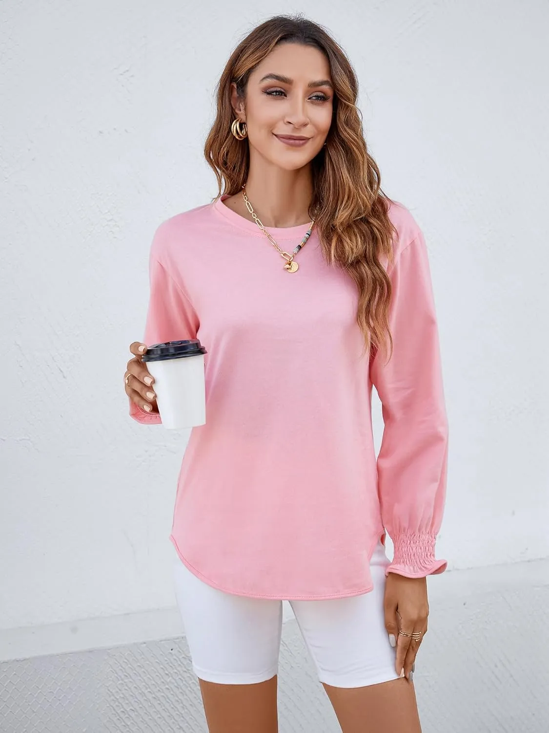 Atnlewhi Womens Puff Long Sleeve T Shirts Casual Crew Neck Basic Pullover Tee Tops Blouses