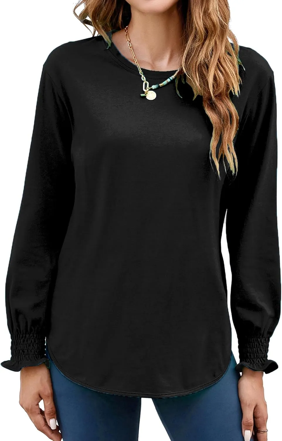 Atnlewhi Womens Puff Long Sleeve T Shirts Casual Crew Neck Basic Pullover Tee Tops Blouses