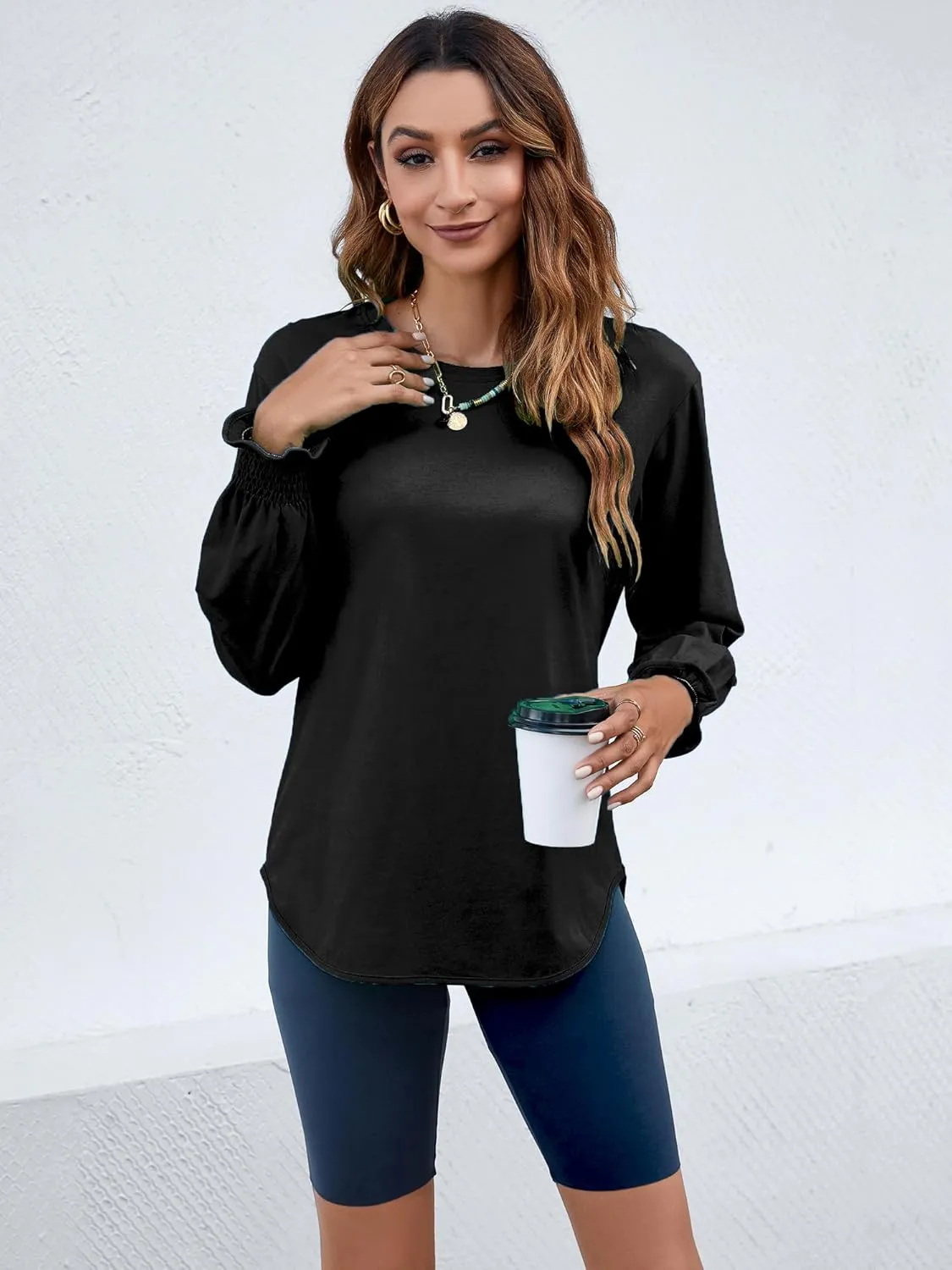 Atnlewhi Womens Puff Long Sleeve T Shirts Casual Crew Neck Basic Pullover Tee Tops Blouses