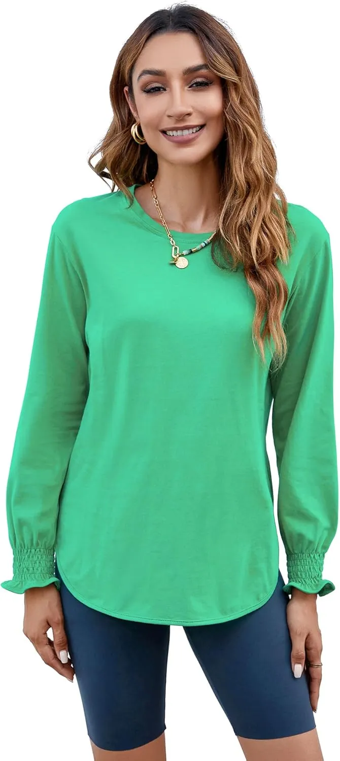Atnlewhi Womens Puff Long Sleeve T Shirts Casual Crew Neck Basic Pullover Tee Tops Blouses