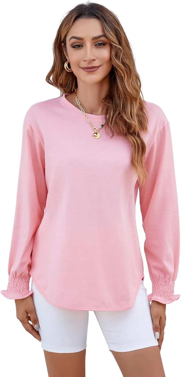 Atnlewhi Womens Puff Long Sleeve T Shirts Casual Crew Neck Basic Pullover Tee Tops Blouses
