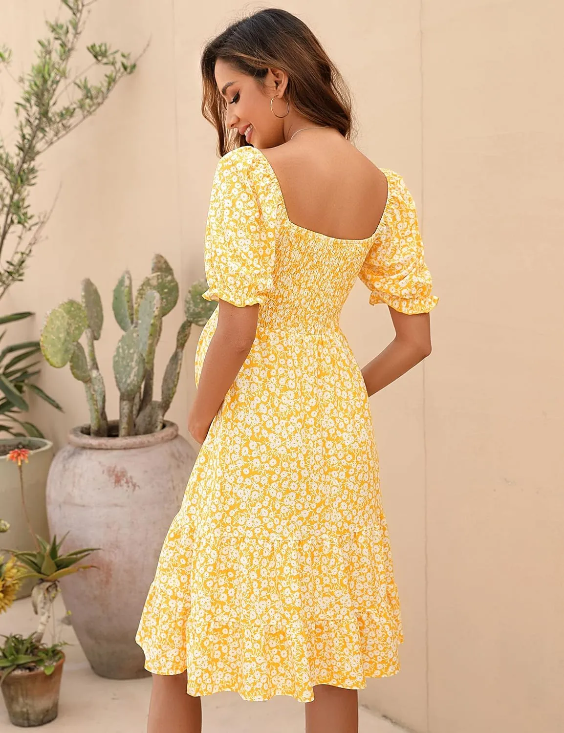 BeautyNee Floral Print Maternity Dress Short Puff Sleeve Square Neck Ruffle Hem Casual Swing Pregnancy Dresses