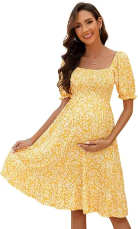 BeautyNee Floral Print Maternity Dress Short Puff Sleeve Square Neck Ruffle Hem Casual Swing Pregnancy Dresses