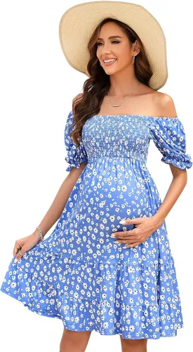 BeautyNee Floral Print Maternity Dress Short Puff Sleeve Square Neck Ruffle Hem Casual Swing Pregnancy Dresses