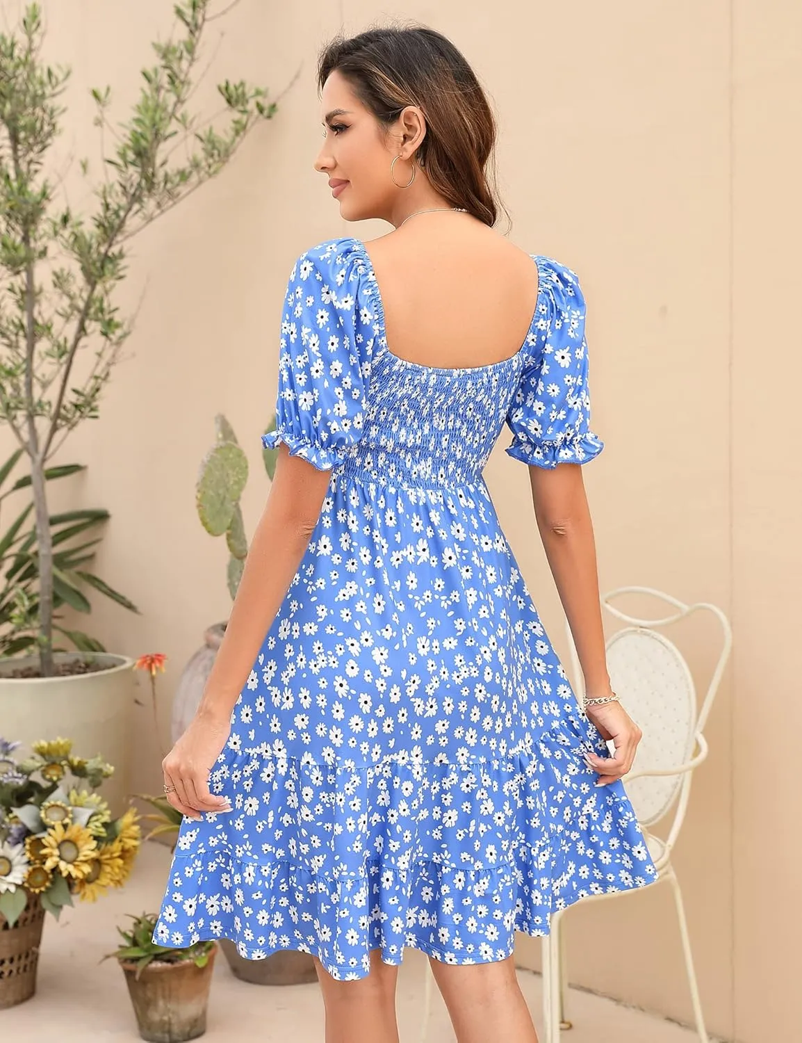 BeautyNee Floral Print Maternity Dress Short Puff Sleeve Square Neck Ruffle Hem Casual Swing Pregnancy Dresses