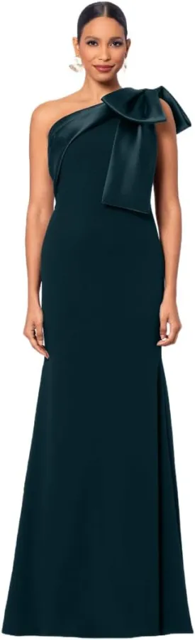 Betsy & Adam Women's Floor-Length, One-Shoulder, with Statement Bow Detail and Fitted Silhouette