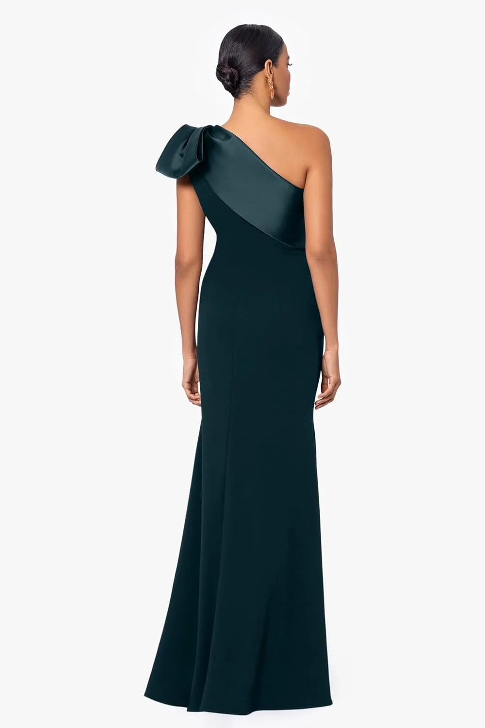 Betsy & Adam Women's Floor-Length, One-Shoulder, with Statement Bow Detail and Fitted Silhouette
