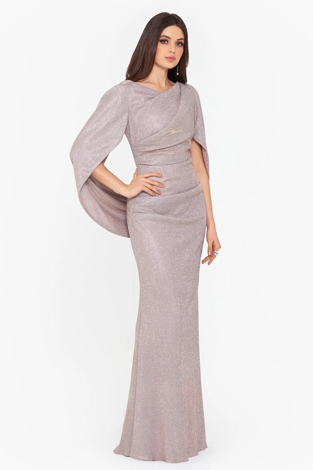Betsy & Adam Women's Long Glitter Cape Sleeve Dress with Draped Neckline and Hidden Back Zipper