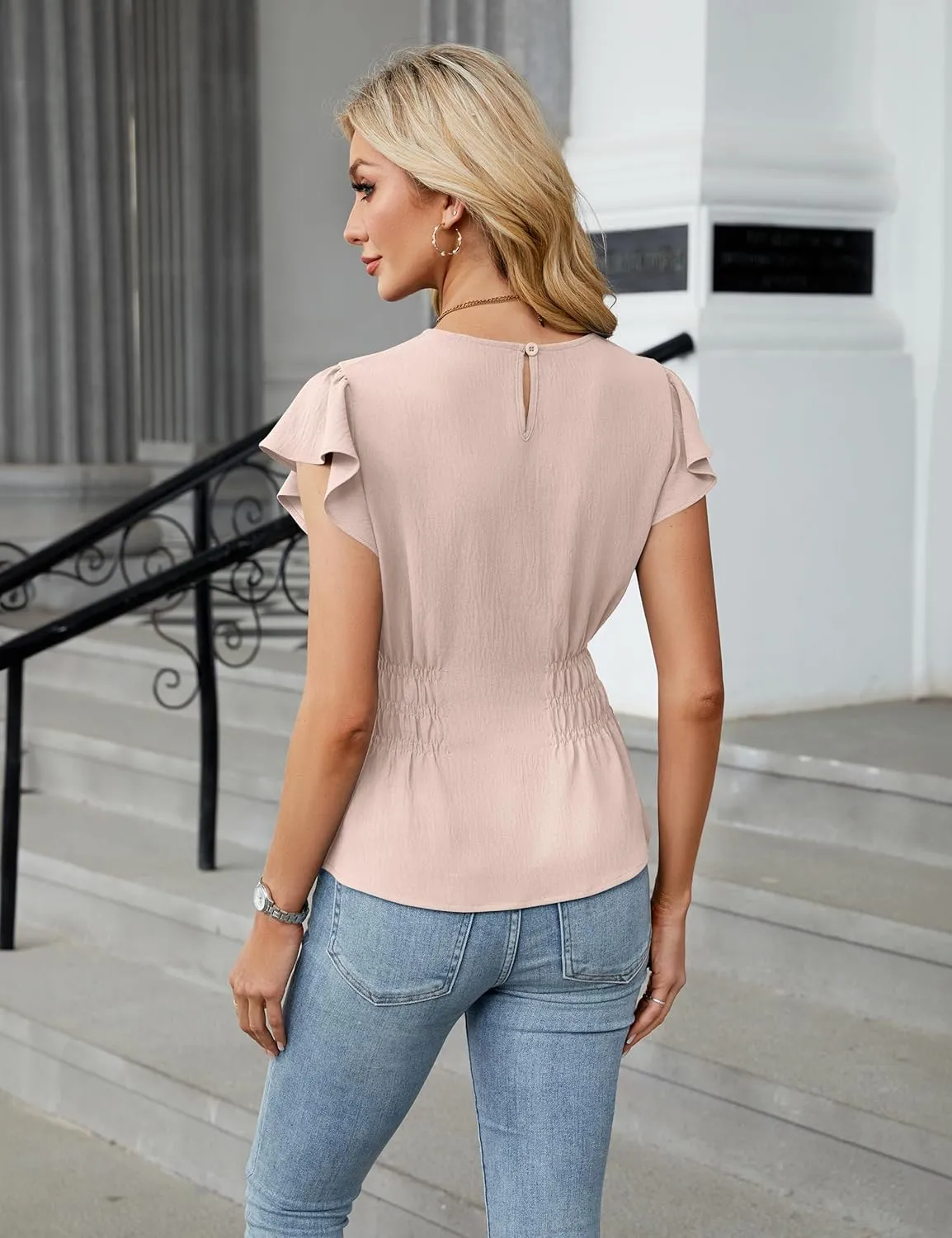 Blooming Jelly Women's Dressy Casual Blouses Business Ruffle Short Sleeve Tops Summer Crew Neck Smocked Shirts