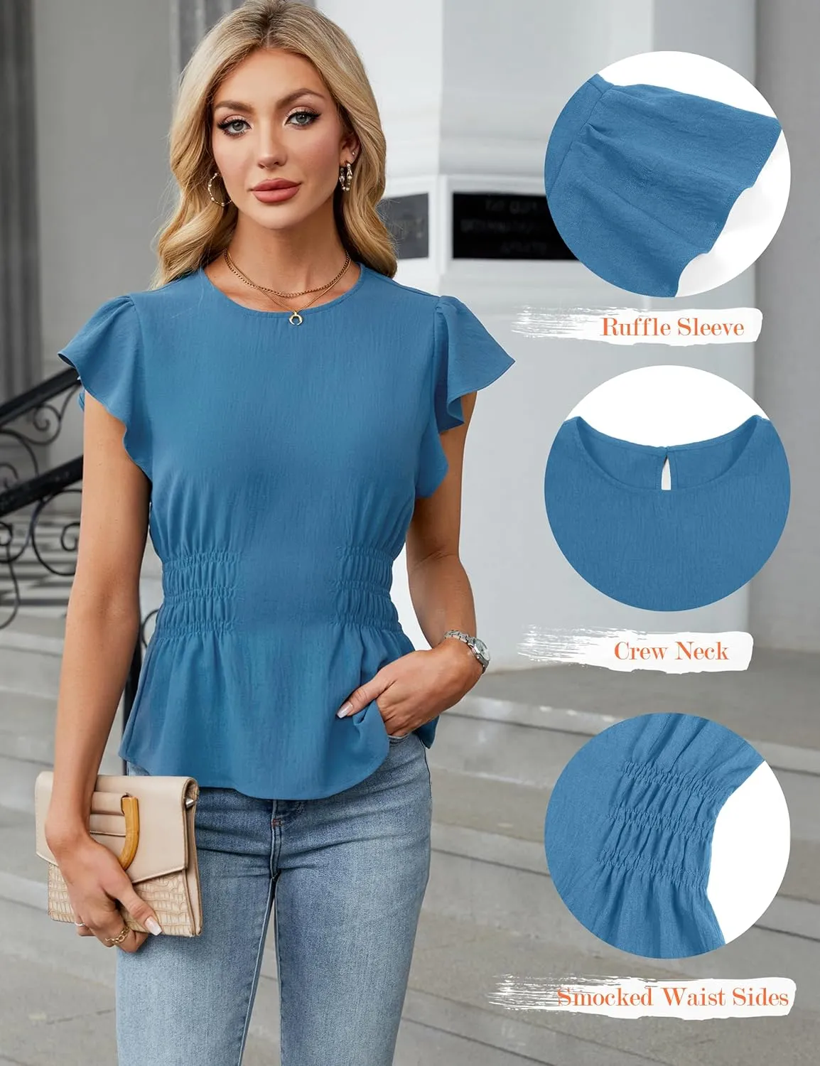 Blooming Jelly Women's Dressy Casual Blouses Business Ruffle Short Sleeve Tops Summer Crew Neck Smocked Shirts