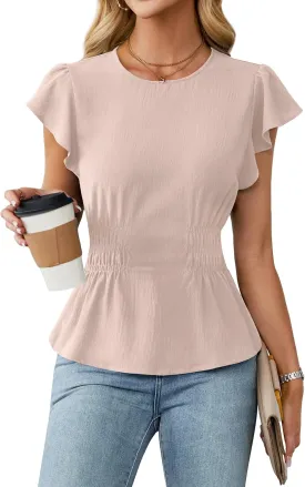 Blooming Jelly Women's Dressy Casual Blouses Business Ruffle Short Sleeve Tops Summer Crew Neck Smocked Shirts