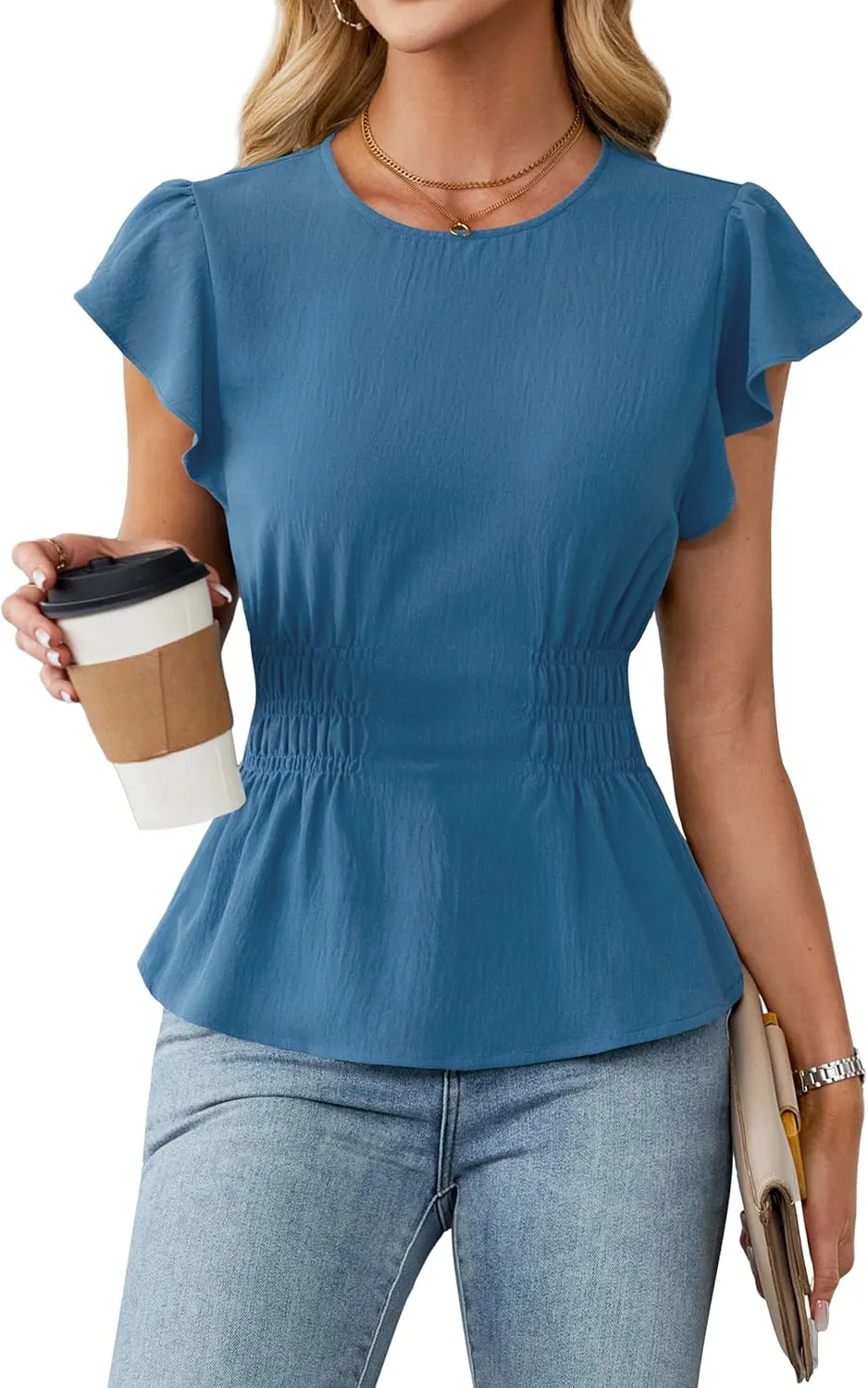 Blooming Jelly Women's Dressy Casual Blouses Business Ruffle Short Sleeve Tops Summer Crew Neck Smocked Shirts