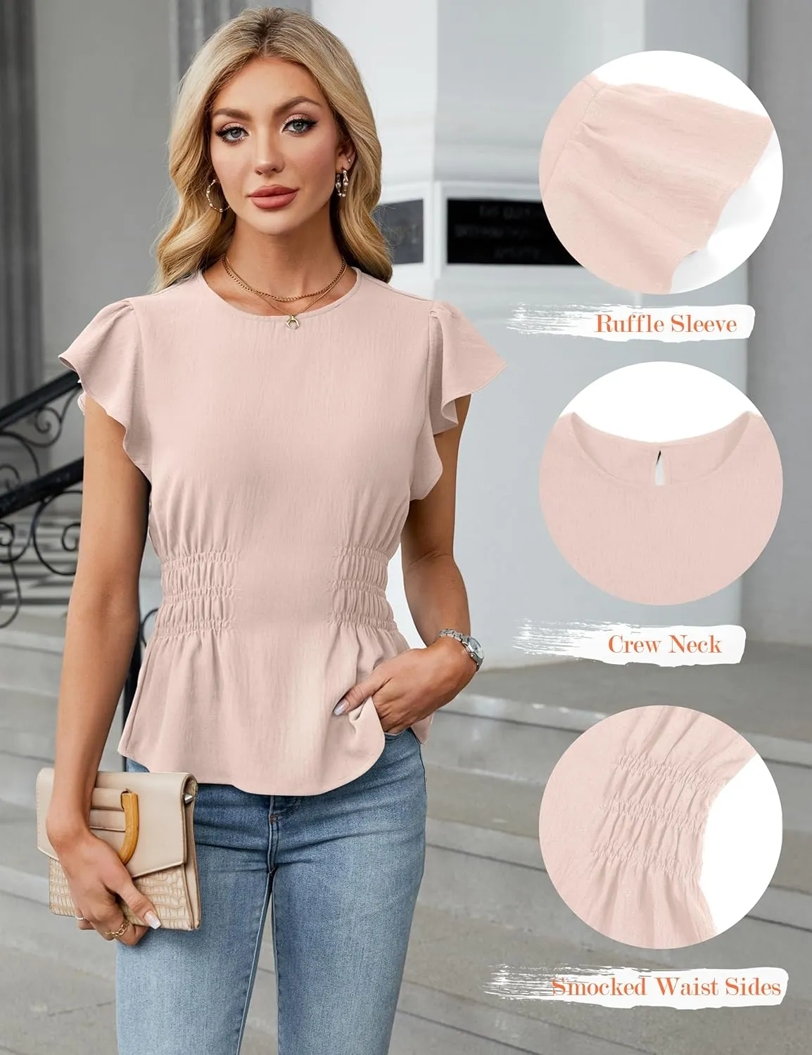 Blooming Jelly Women's Dressy Casual Blouses Business Ruffle Short Sleeve Tops Summer Crew Neck Smocked Shirts