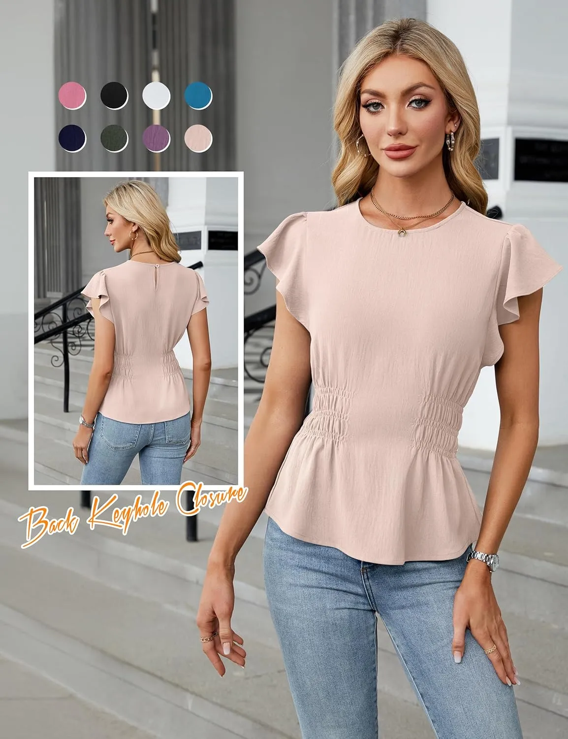 Blooming Jelly Women's Dressy Casual Blouses Business Ruffle Short Sleeve Tops Summer Crew Neck Smocked Shirts