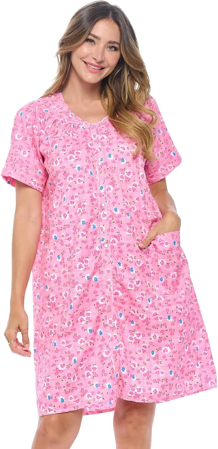 Casual Nights Women's Snap - Front House Dress Short Sleeve Woven Housecoat Duster Lounger Robe with Pockets