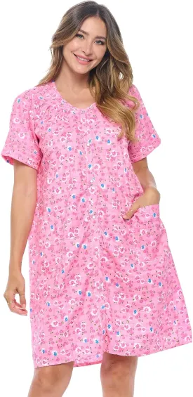 Casual Nights Women's Snap - Front House Dress Short Sleeve Woven Housecoat Duster Lounger Robe with Pockets
