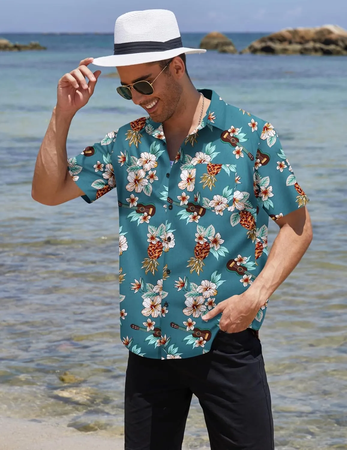 COOFANDY Mens Hawaiian Tropical Shirt Short Sleeve Casual Button Down Floral Summer Beach Shirts with Pocket