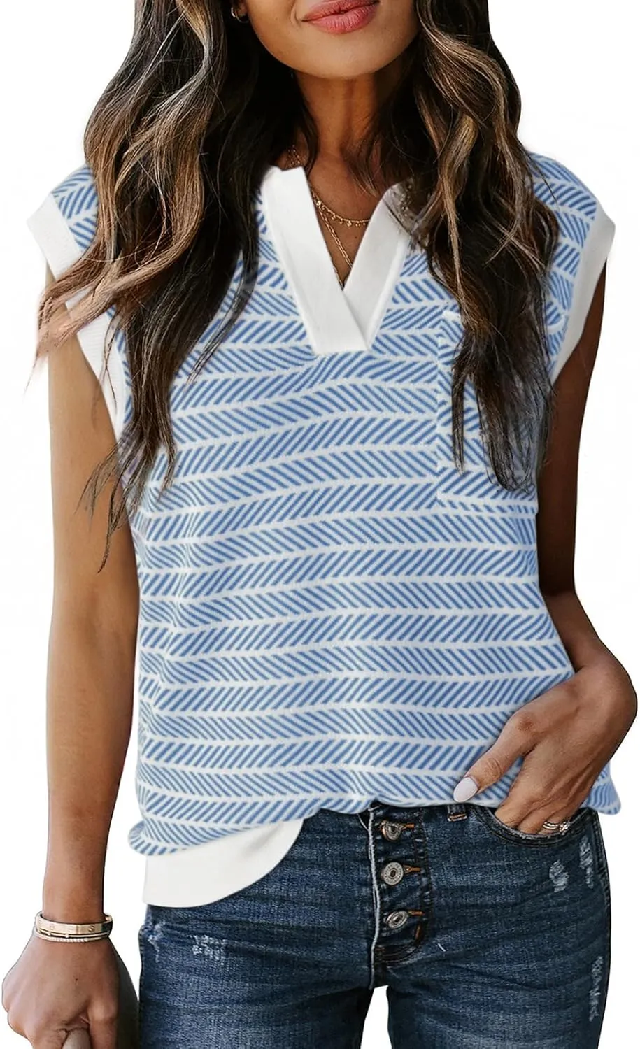Dokotoo Women's Summer Short Cap Sleeve Sweaters Tops Casual Striped Color Block V Neck Polo Knit Shirts Blouses