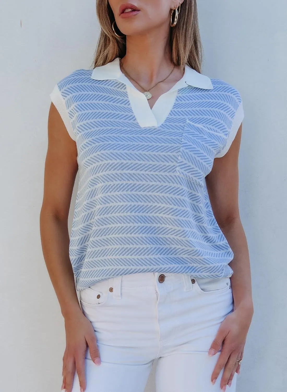 Dokotoo Women's Summer Short Cap Sleeve Sweaters Tops Casual Striped Color Block V Neck Polo Knit Shirts Blouses