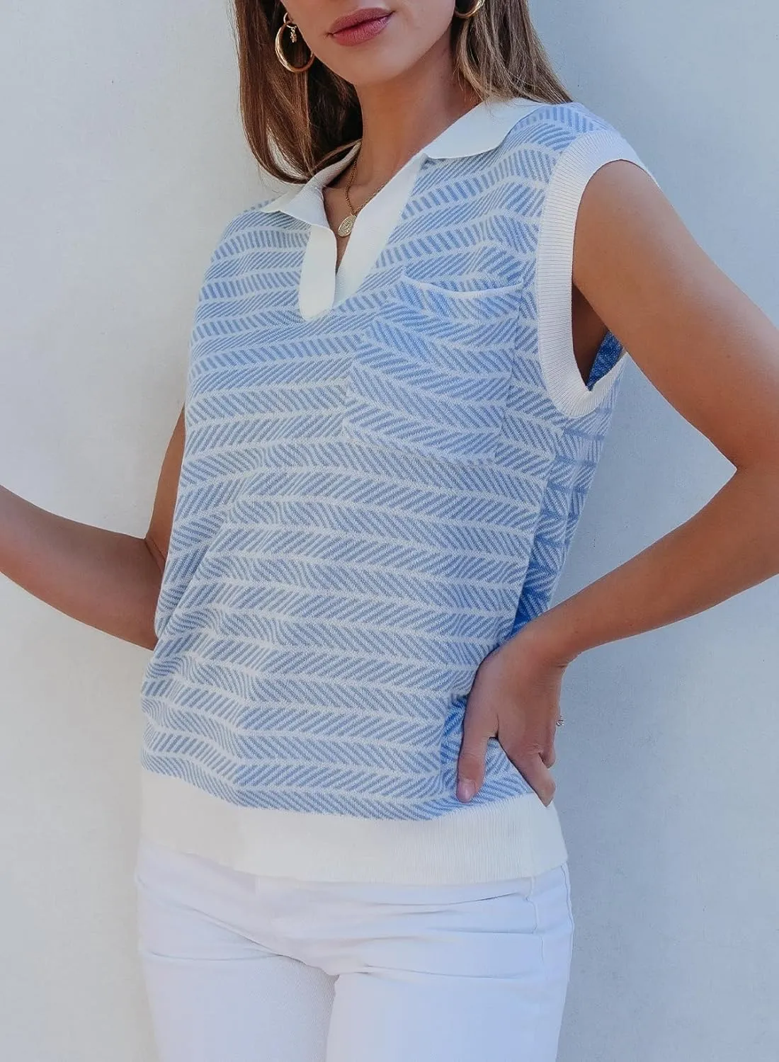 Dokotoo Women's Summer Short Cap Sleeve Sweaters Tops Casual Striped Color Block V Neck Polo Knit Shirts Blouses