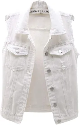 ebossy Women's Candy Color Slim Fit Sleeveless Distressed Denim Jean Vest Jacket