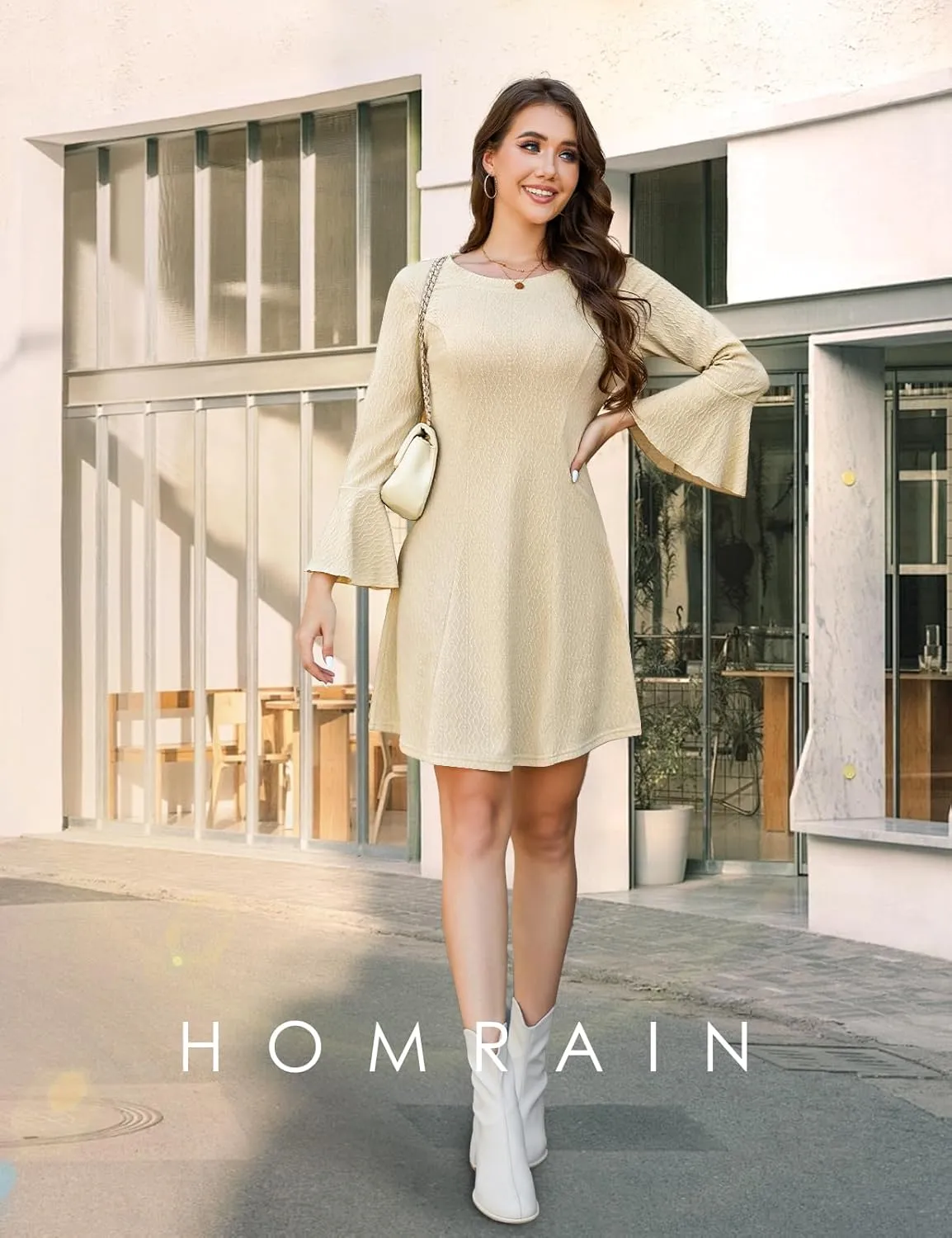 HomRain Women's Casual Spring Dress 3/4 Bell Sleeve Work Church A-Line Dresses for Women 2025 Crewneck Knit Sweater Outfits