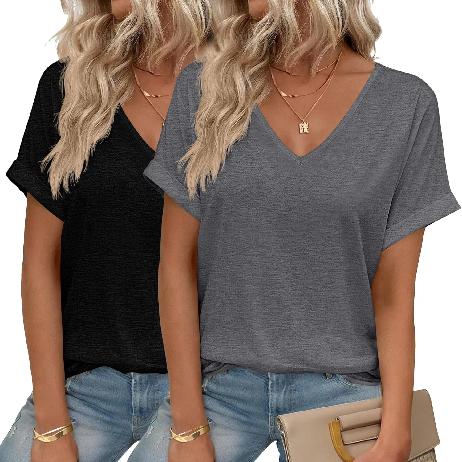 HOTOUCH Womens Summer Tops Roll-up Short Sleeve V Neck Basic T Shirts Workout Soft Fashion Trendy Plain Casual Tees