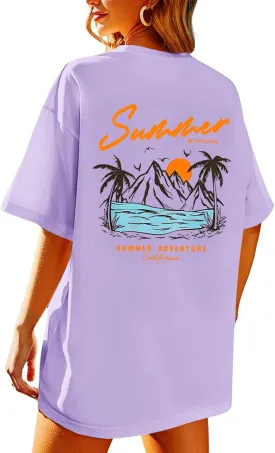 KEEVICI California T Shirt Beach Oversized Graphic Tees for Women Vintage Adventure Shirts Baggy Summer Cotton Vacation Tops