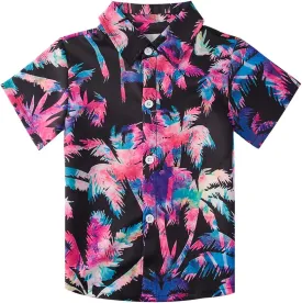 Little & Big Boy's Button Down Hawaiian Shirts Short Sleeve Cool Cartoon Print Dress Tops T-Shirt for Kids 7-14T