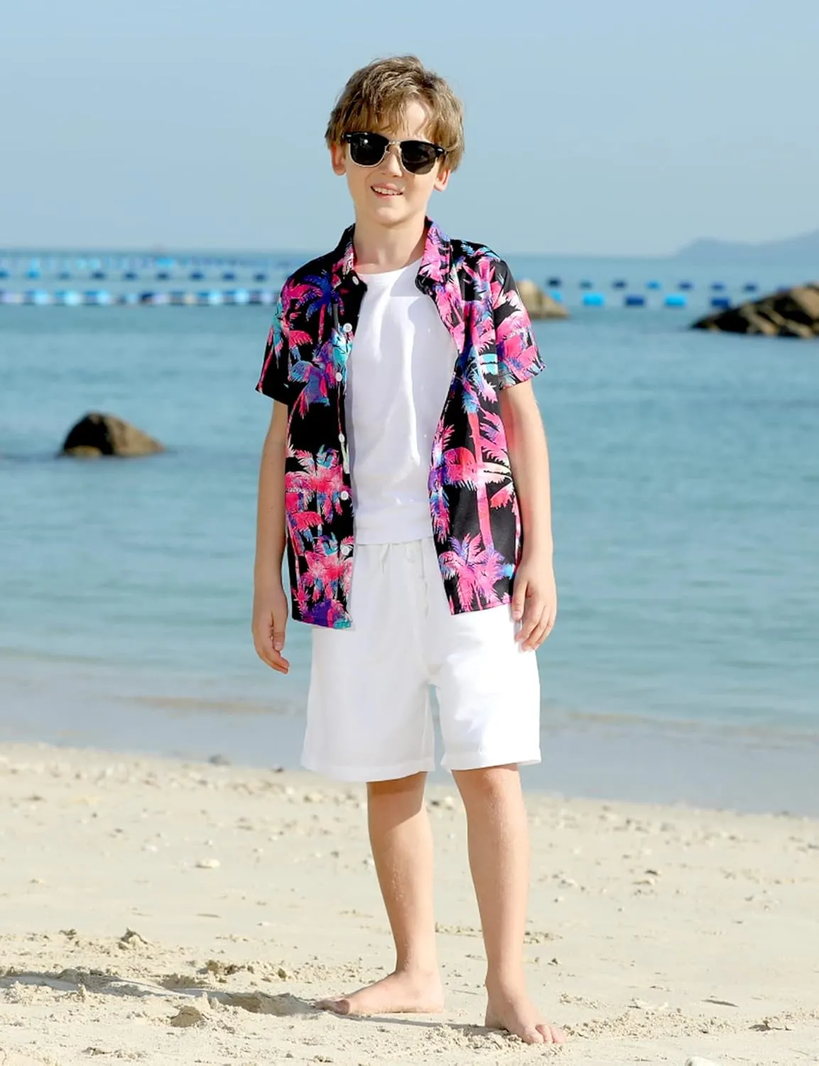 Little & Big Boy's Button Down Hawaiian Shirts Short Sleeve Cool Cartoon Print Dress Tops T-Shirt for Kids 7-14T