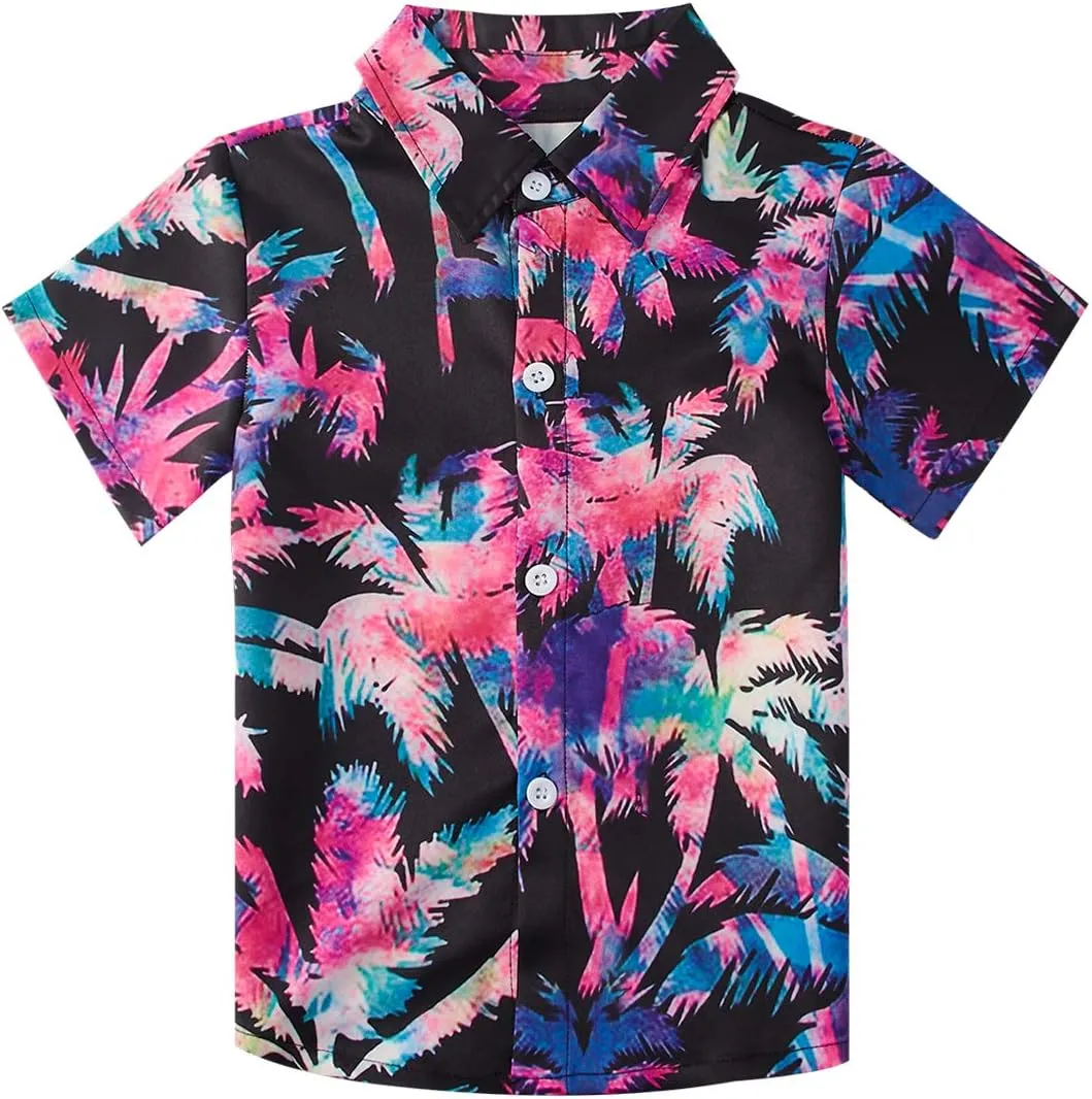 Little & Big Boy's Button Down Hawaiian Shirts Short Sleeve Cool Cartoon Print Dress Tops T-Shirt for Kids 7-14T