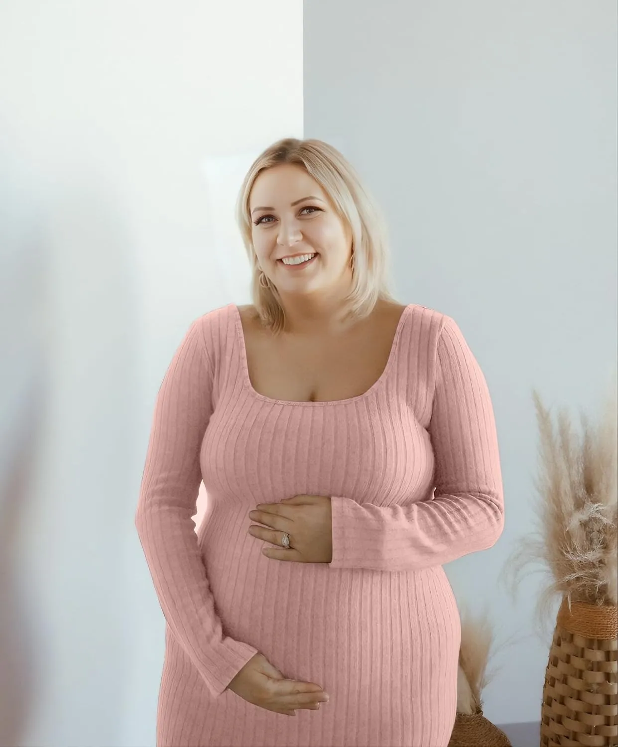 Long Sleeve Maternity Sweater Dress,Knit Ribbed Maternity Bodycon Dress for Photoshoot/Baby Shower
